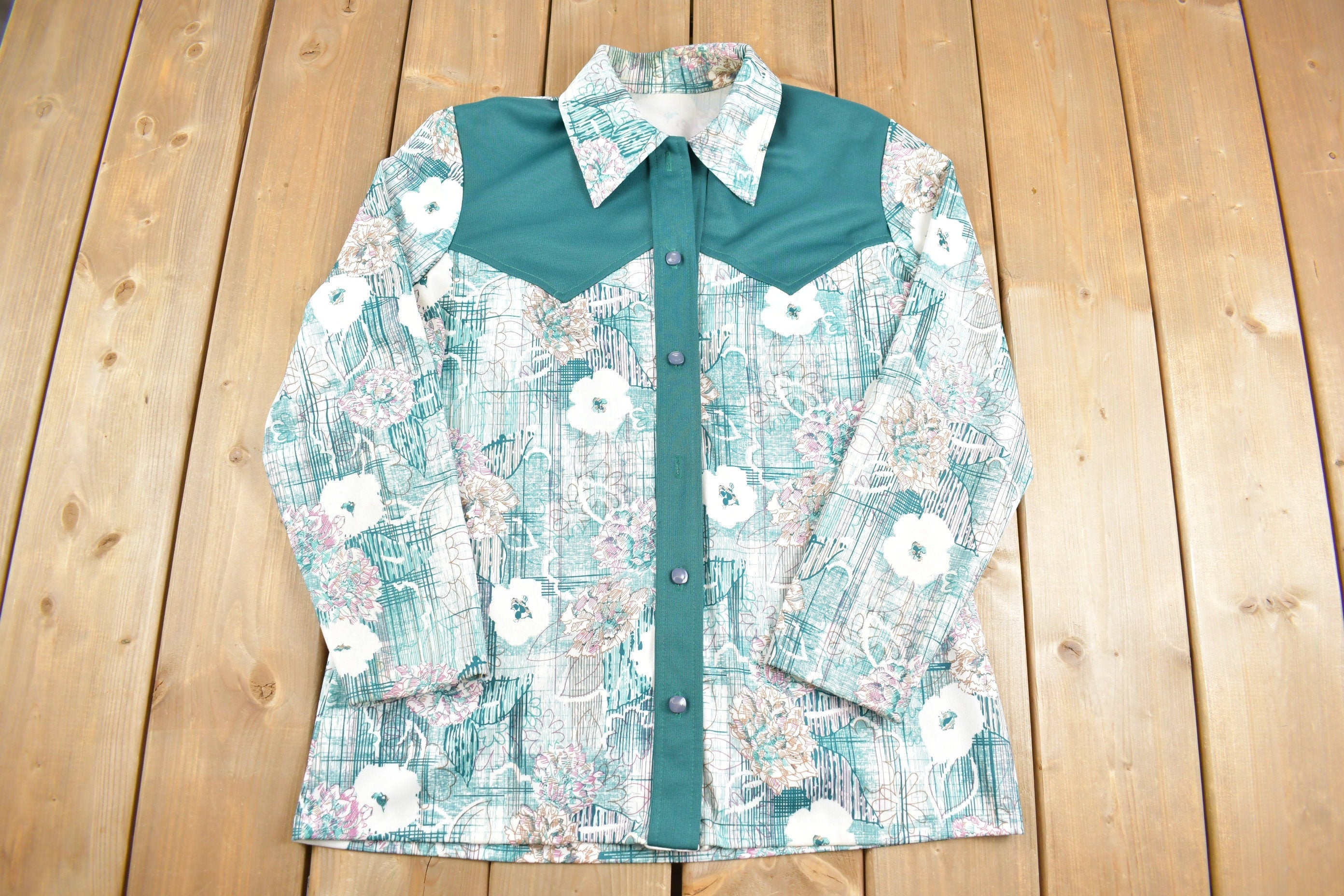 Vintage 1970s Abstract Floral Western Button Up Shirt