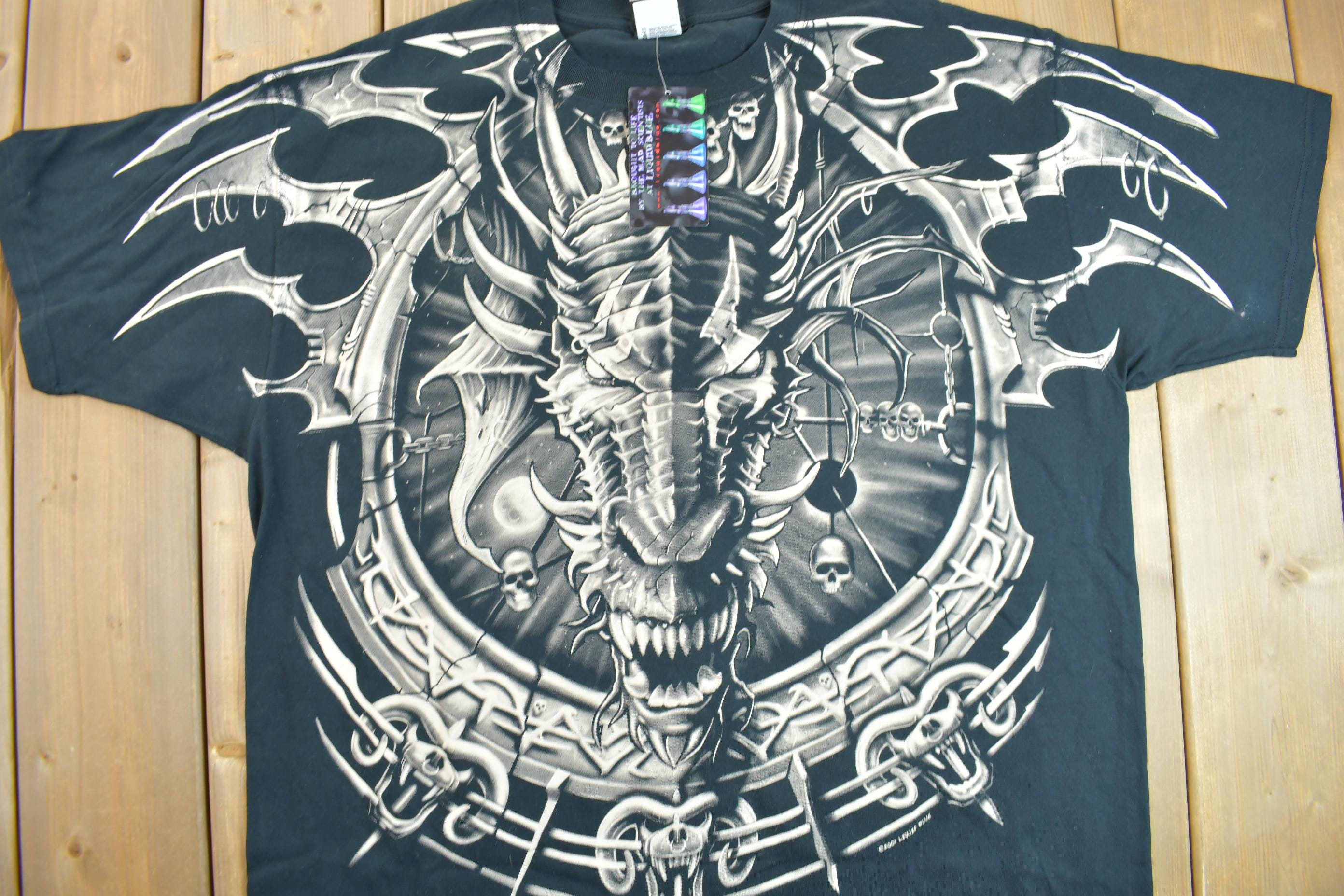 Vintage 2001 Deadstock Liquid Blue Dragon Wizard Big Graphic T-Shirt