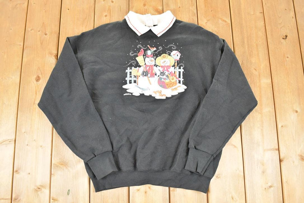Vintage 1990s Morning Sun Cute Snowman Family Collared Crewneck Sweatshirt Men's L