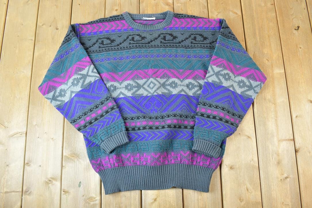 Vintage 1980s Meister Knit Abstract Pattern Crewneck Sweater  90s Crewneck  Preppy Knits  Wool Blend  Cotton Blend