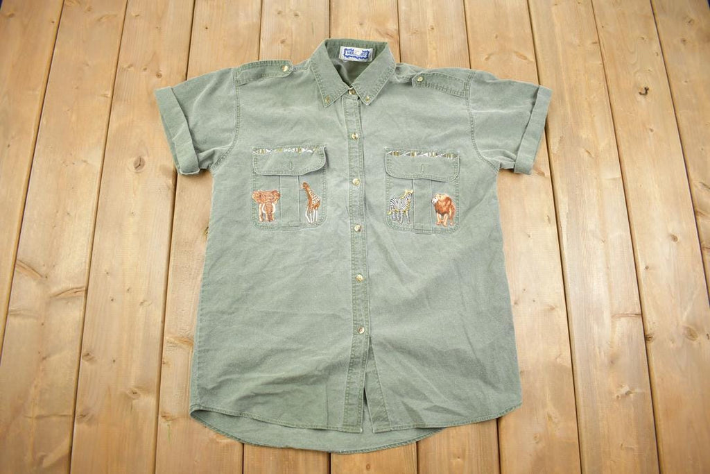 Vintage 1990s African Animal Embroidered Bedazzled Button Up Shirt