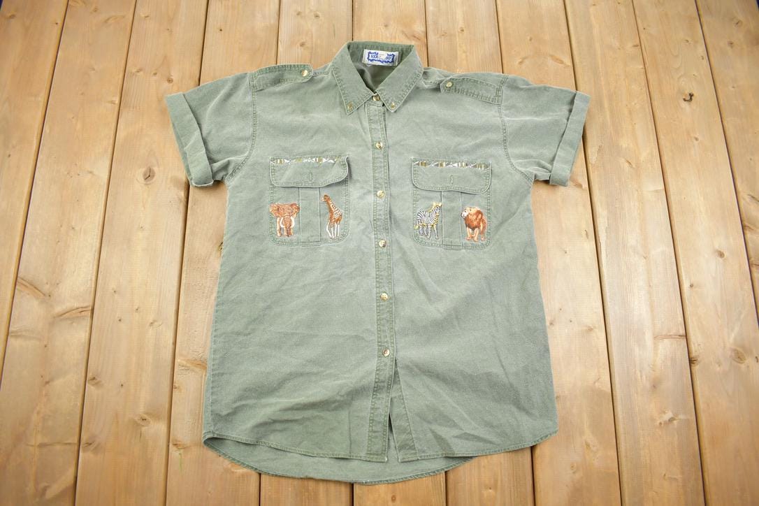 Vintage 1990s African Animal Embroidered Bedazzled Button Up Shirt