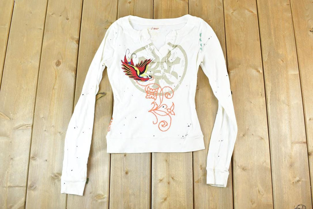 Women Vintage Vigoss Y2K Birdie T-Shirt / Vigoss Grunge Skull Print / Contrast Stitch / Internet Famous Clothing / Over Dyed