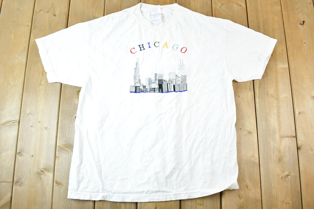 Vintage 1990s Chicago Skyline Embroidered Souvenir T-Shirt Mens L