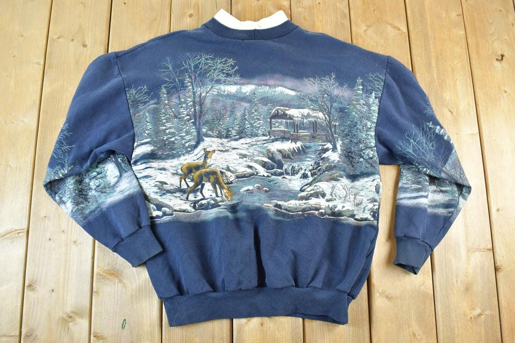 Vintage 1990s All Over Print Winter Theme Laceneck Crewneck Sweatshirt