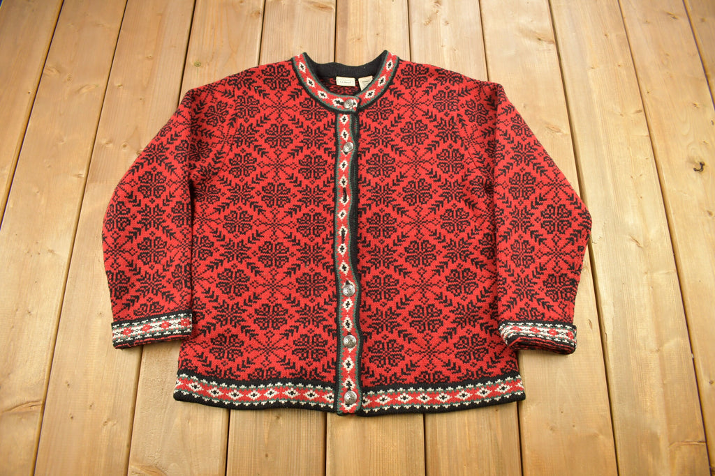 Vintage 1990s LL Bean Women's All Over Pattern Cardigan Sweater / Vintage Cardigan / Button Up / Vintage LL Bean / 100% Merino Wool
