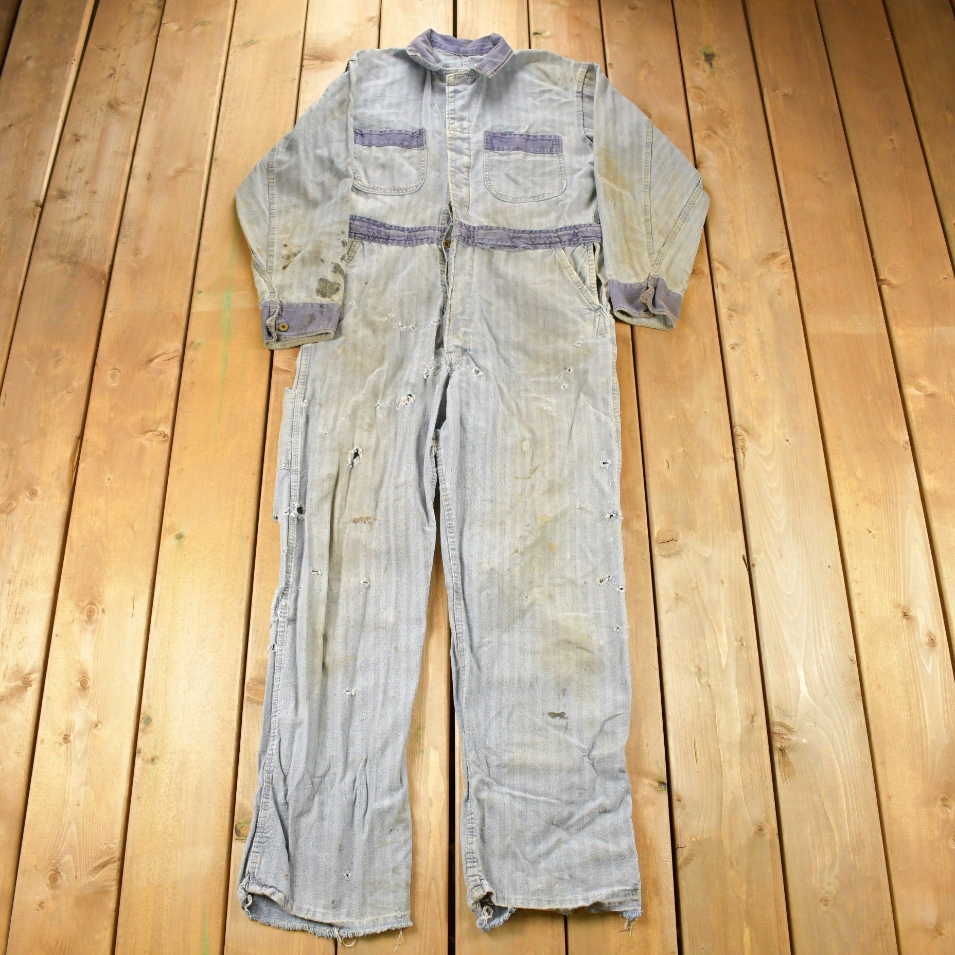 Vintage 1930s Perfect Union Made DIstressed Denim Button Down Jumpsuit