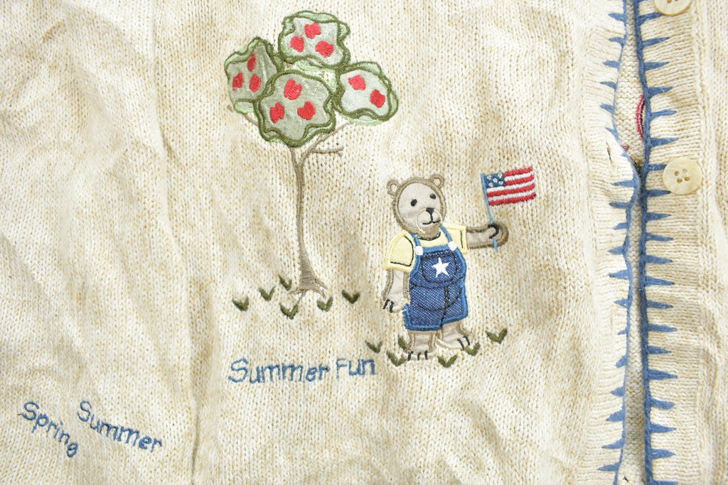 Vintage 1990s Summer Fun Spring Winter Fall Hand Embroidered Knit Cardigan Sweater Made In USA
