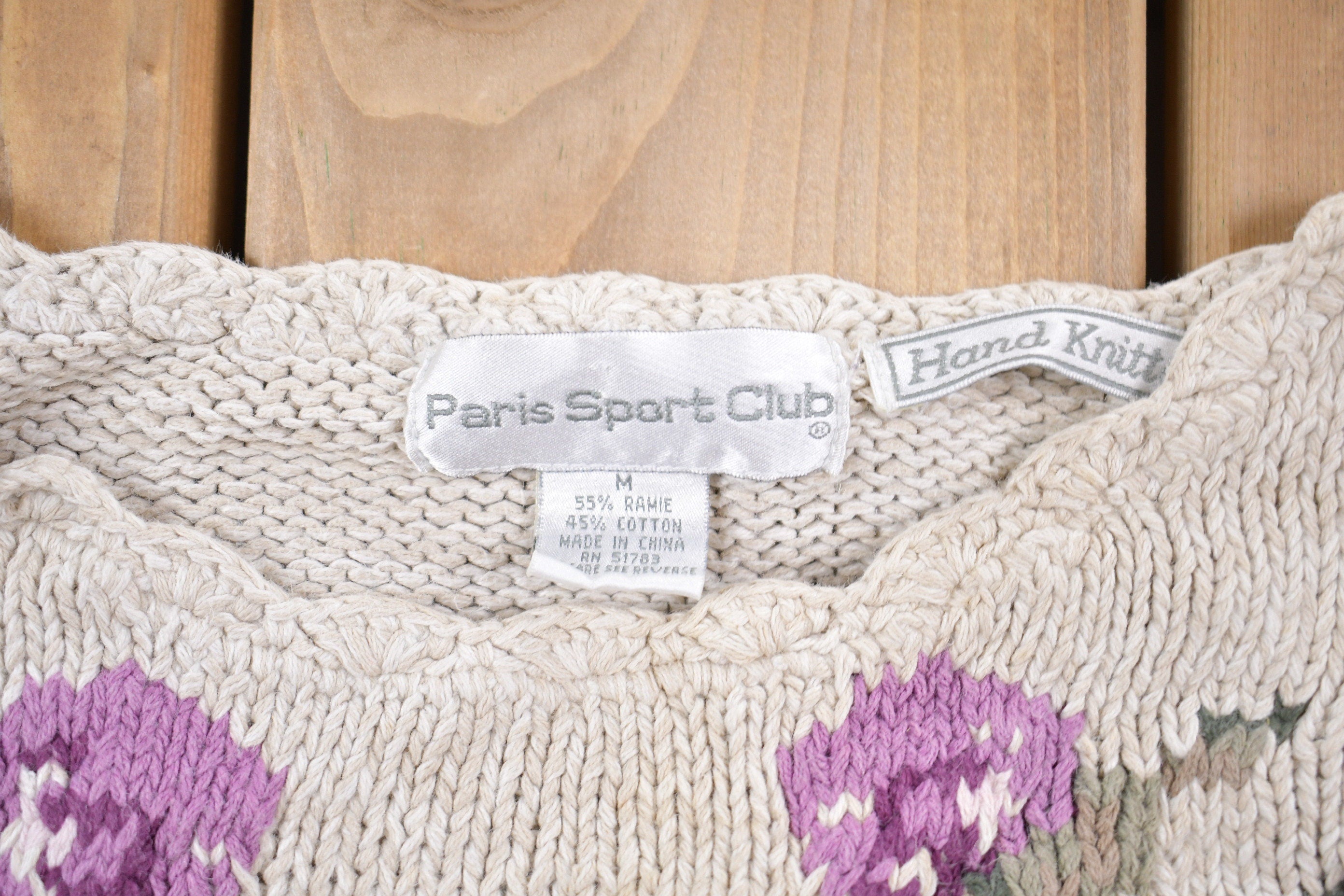 Vintage 1990s Paris Sports Club Floral Knitted Sweater / Vintage 90s Crewneck / Pattern Sweater / Outdoor / Hand Knit / Pullover Sweatshirt