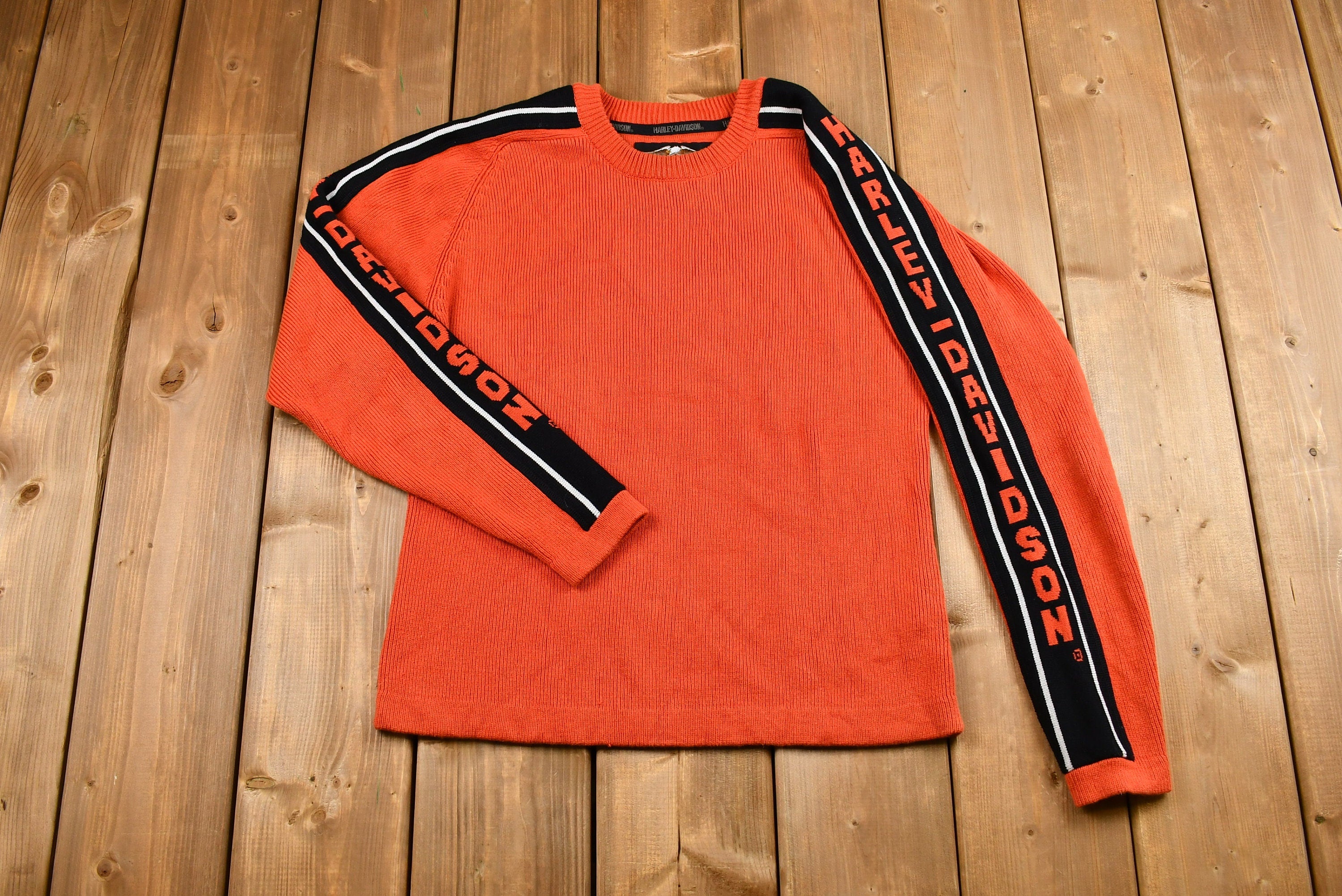 Vintage 1990s Orange Harley Davidson Motorcycles Knit Sweater