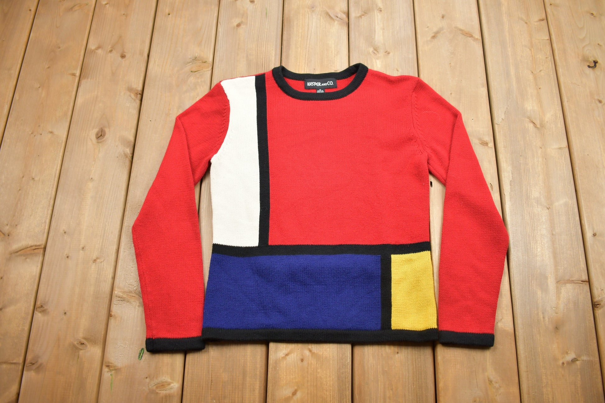 Vintage 1990s Abstract Color Block Knitted Sweater / Vintage 90s Crewneck / Pattern Sweater / Outdoor / Hand Knit / Pullover Sweatshirt