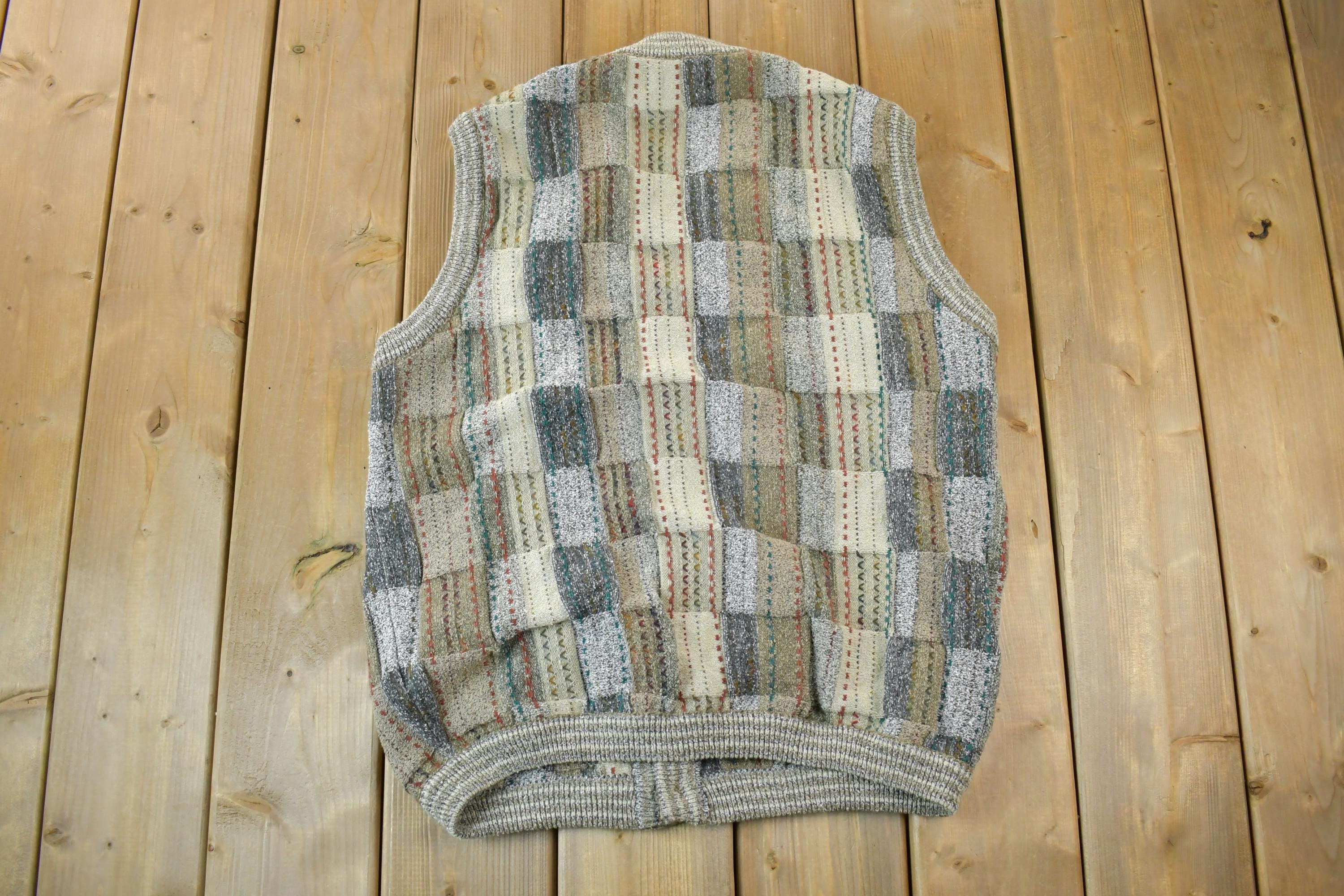 Vintage 1990s Tosani Cardigan Knit Sweater Vest  90s Crewneck  Made In Canada  Preppy