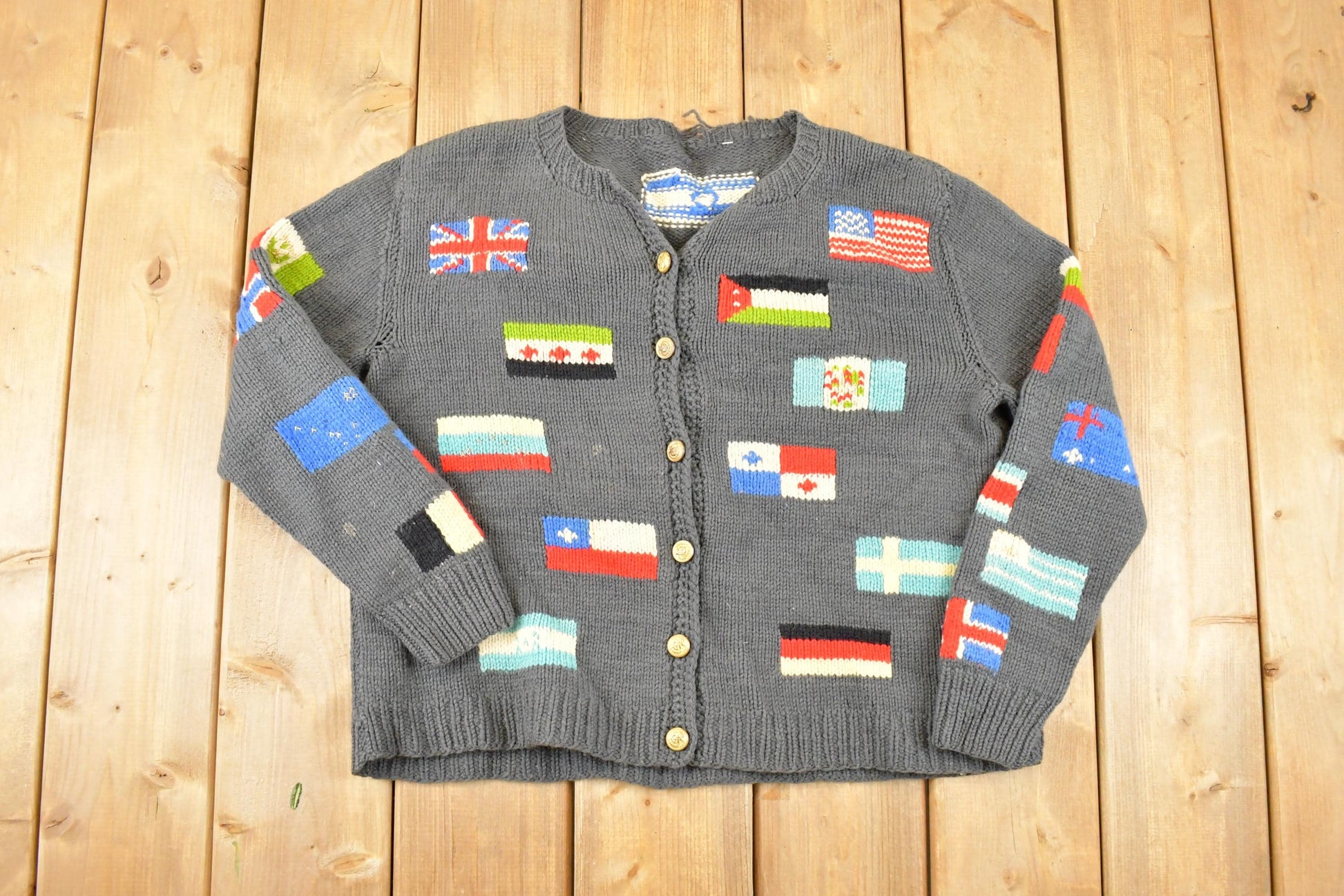 Vintage 1980s Multi Flag Abstract Knit Cardigan Sweater Men's M / Preppy Knit Cardigan / Fancy Knit Vintage Destination Cardigan
