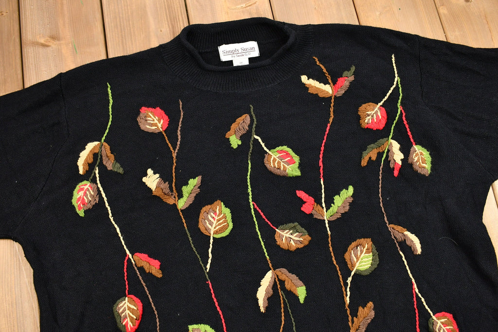 Vintage Autumnal Leaves Embroidered Knit Sweater