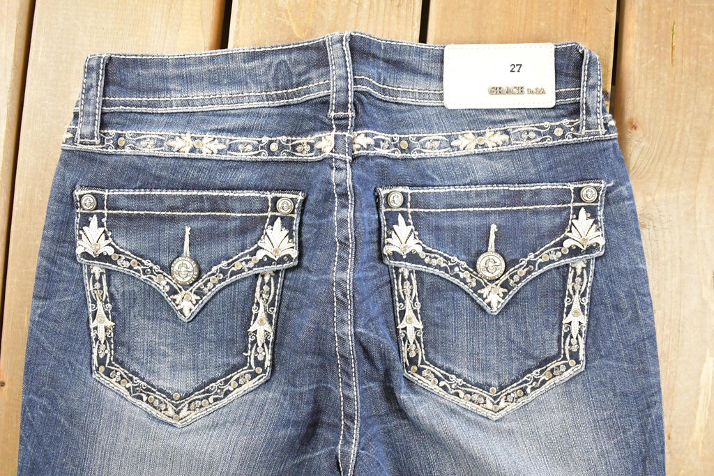 Vintage Deadstock Y2K Grace In LA Bedazzled Low Rise Jeans Women's Size 27 x 32 / Bootcut Jeans / 2000's Embroidered Contrast Stitched Denim