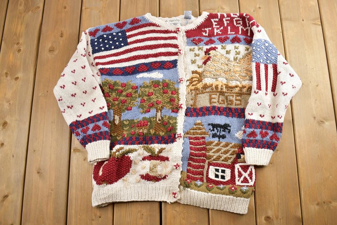 Vintage 1990s Poise N Ivy American Farm Flag 3D Colored Hand Cable Knit Crewneck Sweater
