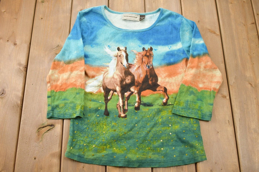 Vintage Y2K 2 Horses Bling Graphic Womens Long Sleeve T-Shirt