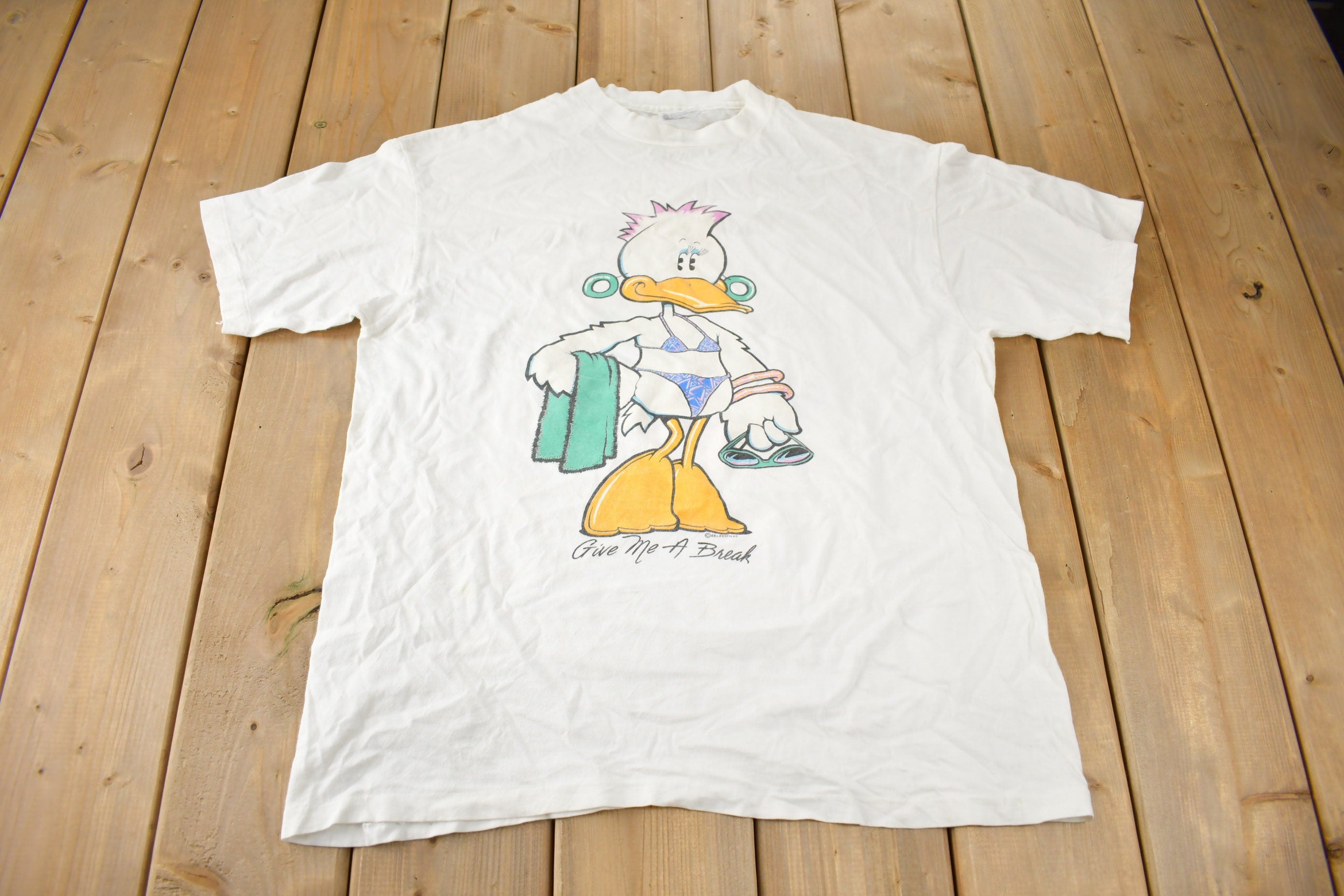 Vintage 1988 Funny Duck Theme Single Stitch Graphic T Shirt Made In USA