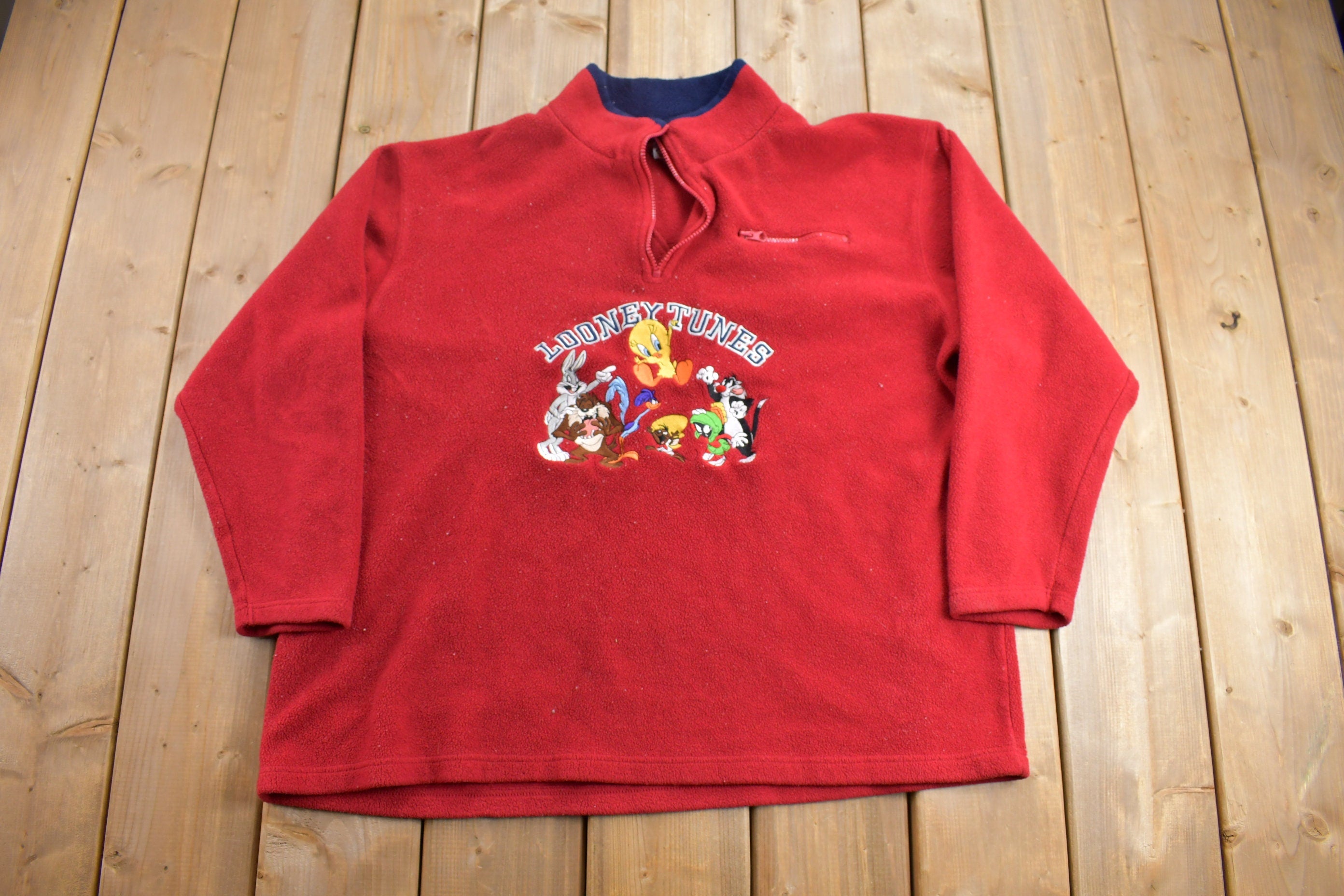 Vintage 2000 Looney Tunes Embroidered Quarter Zip Fleece Sweatshirt