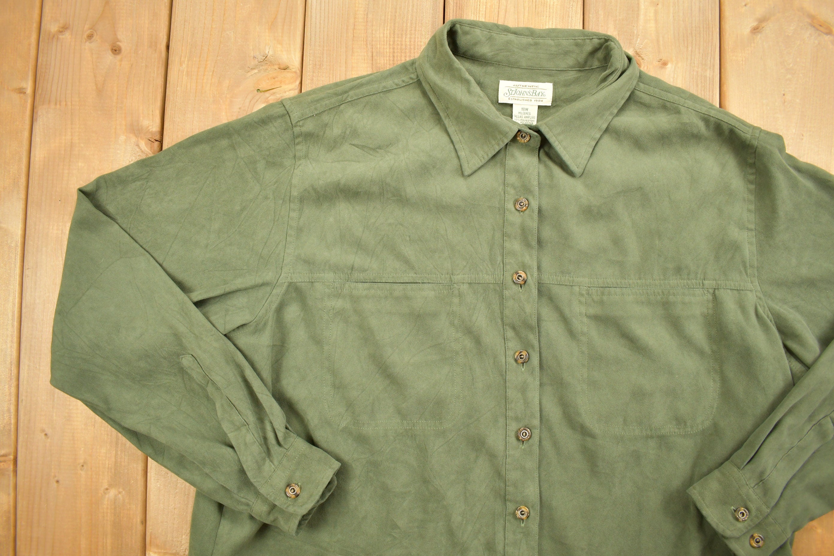 Vintage 1990s St Johns Bay Blank Green Button Up Shirt