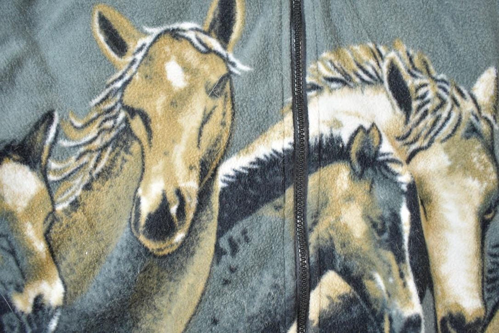 Vintage 1990s All Over Print Horses Medium Weight Fleece Hooded Zip Up Jacket