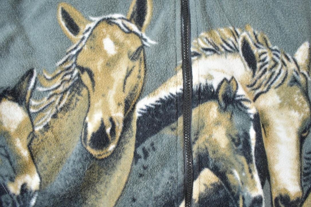 Vintage 1990s All Over Print Horses Medium Weight Fleece Hooded Zip Up Jacket