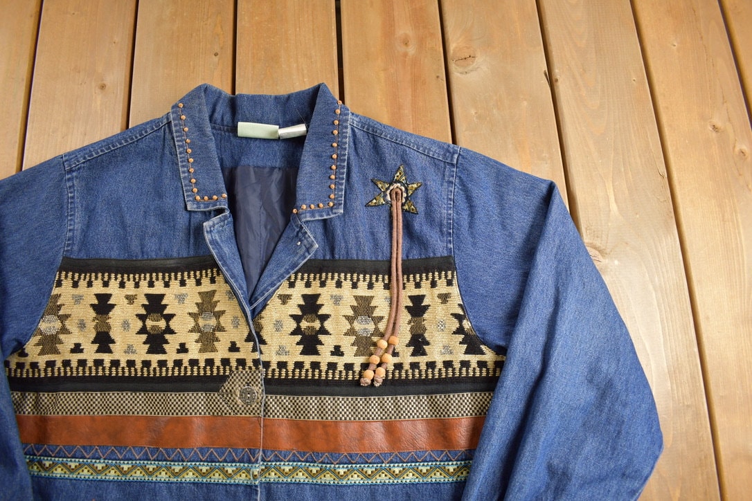 Vintage 1990s Aztec Western Denim Jean Jacket