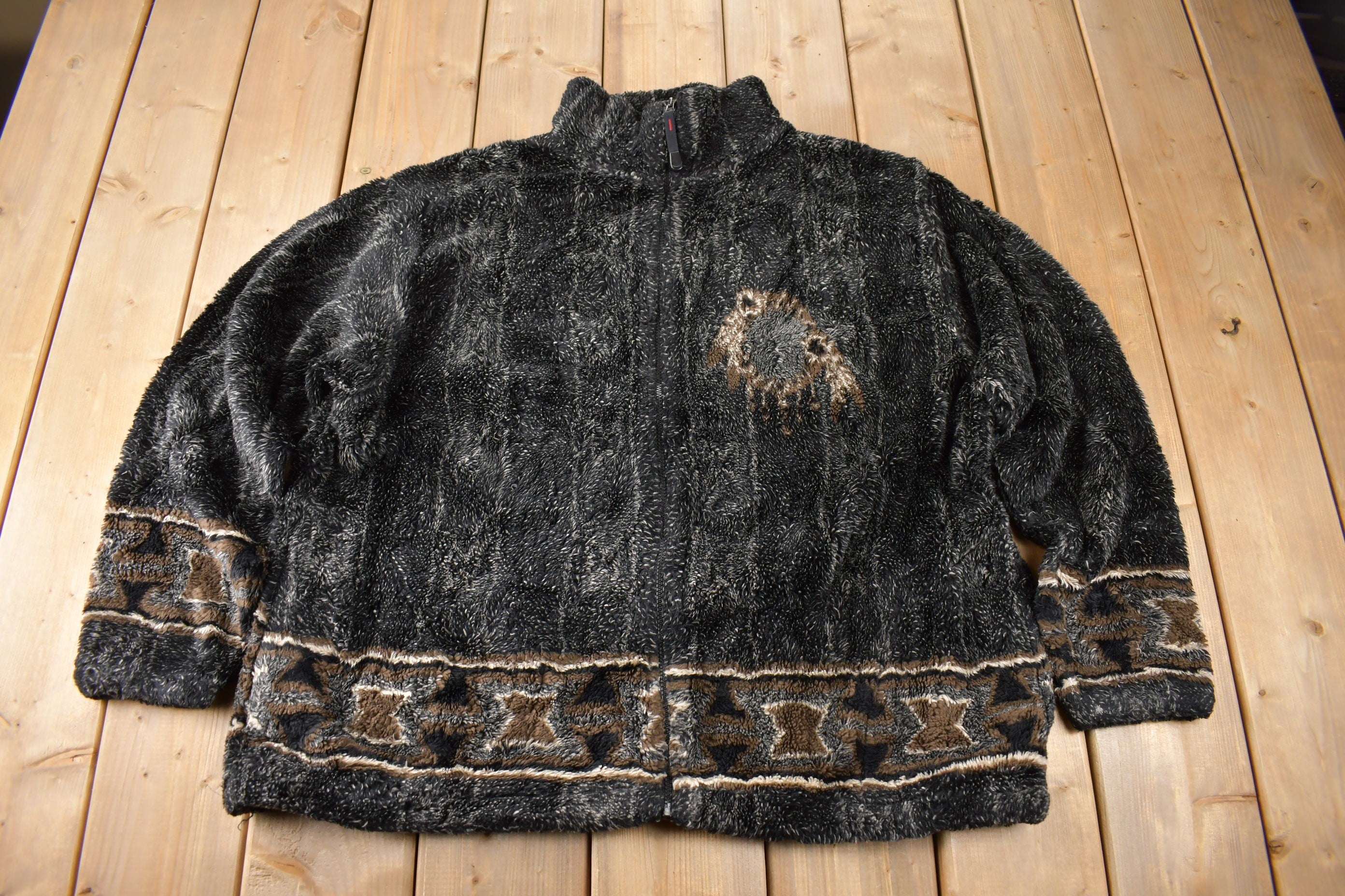 Vintage 1990s Dreamcatcher Graphic All Over Print Zip Up Fleece Sweater Size L Made In USA