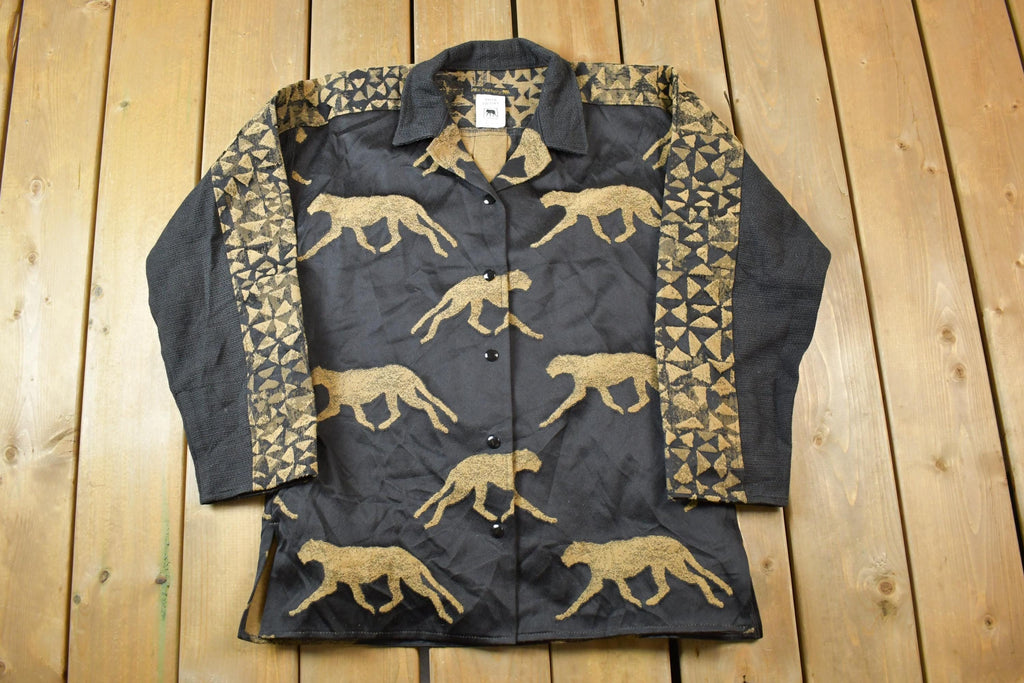 Vintage 1990s Villa Factory Tiger Print Knit Button Up Persian Jacket