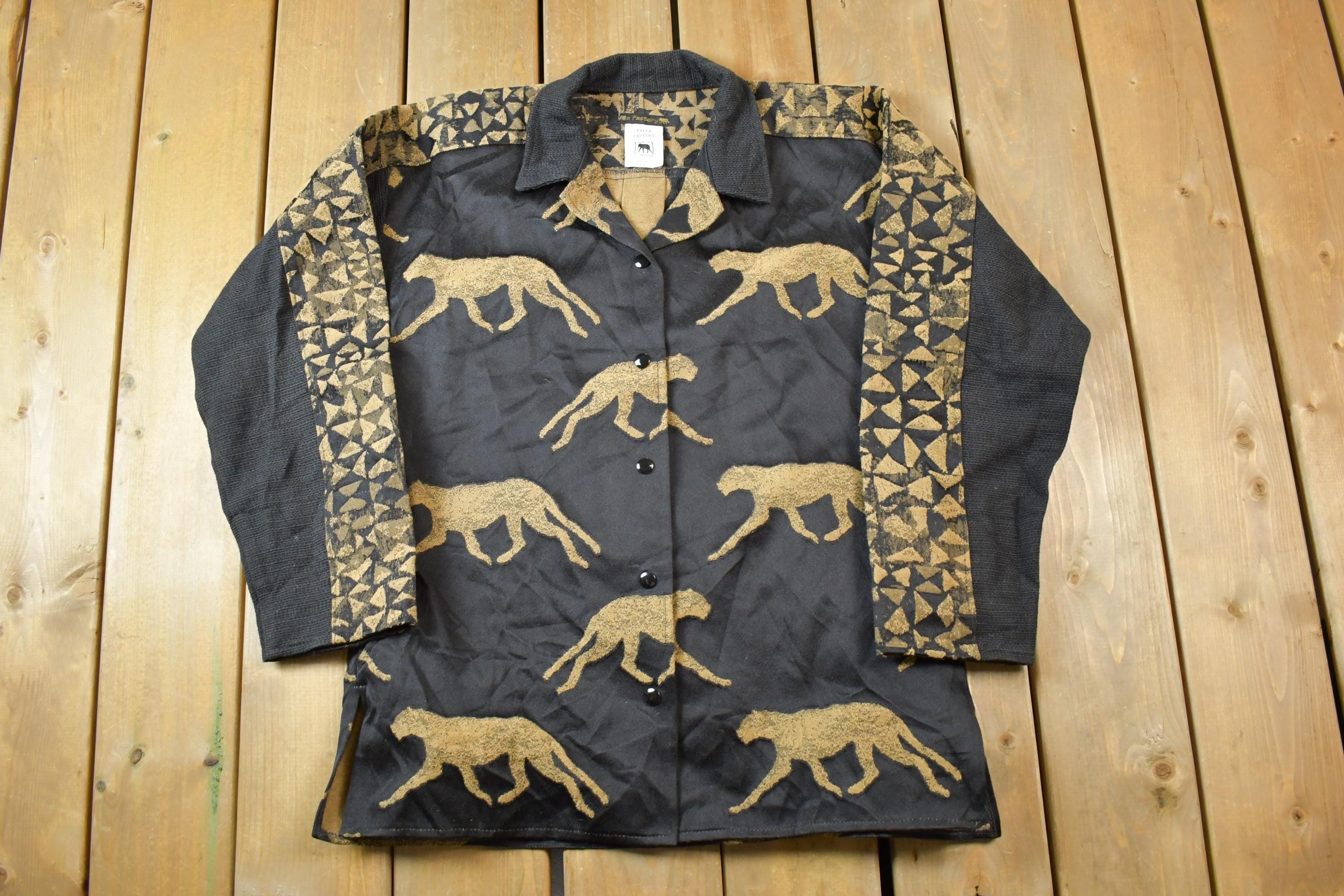 Vintage 1990s Villa Factory Tiger Print Knit Button Up Persian Jacket