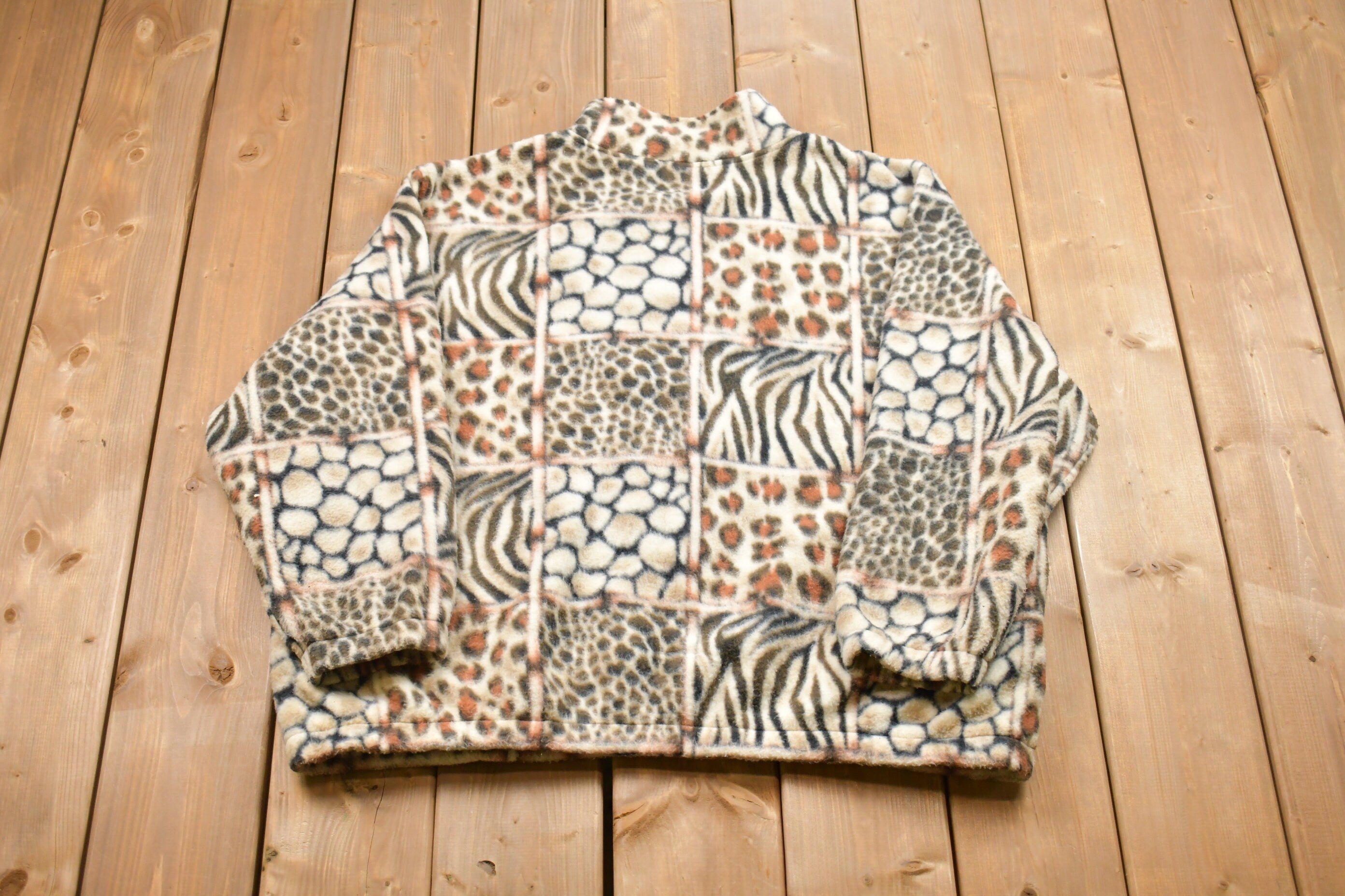 Vintage 1990s Multiple Animal Print Fleece Zip Up Sweater
