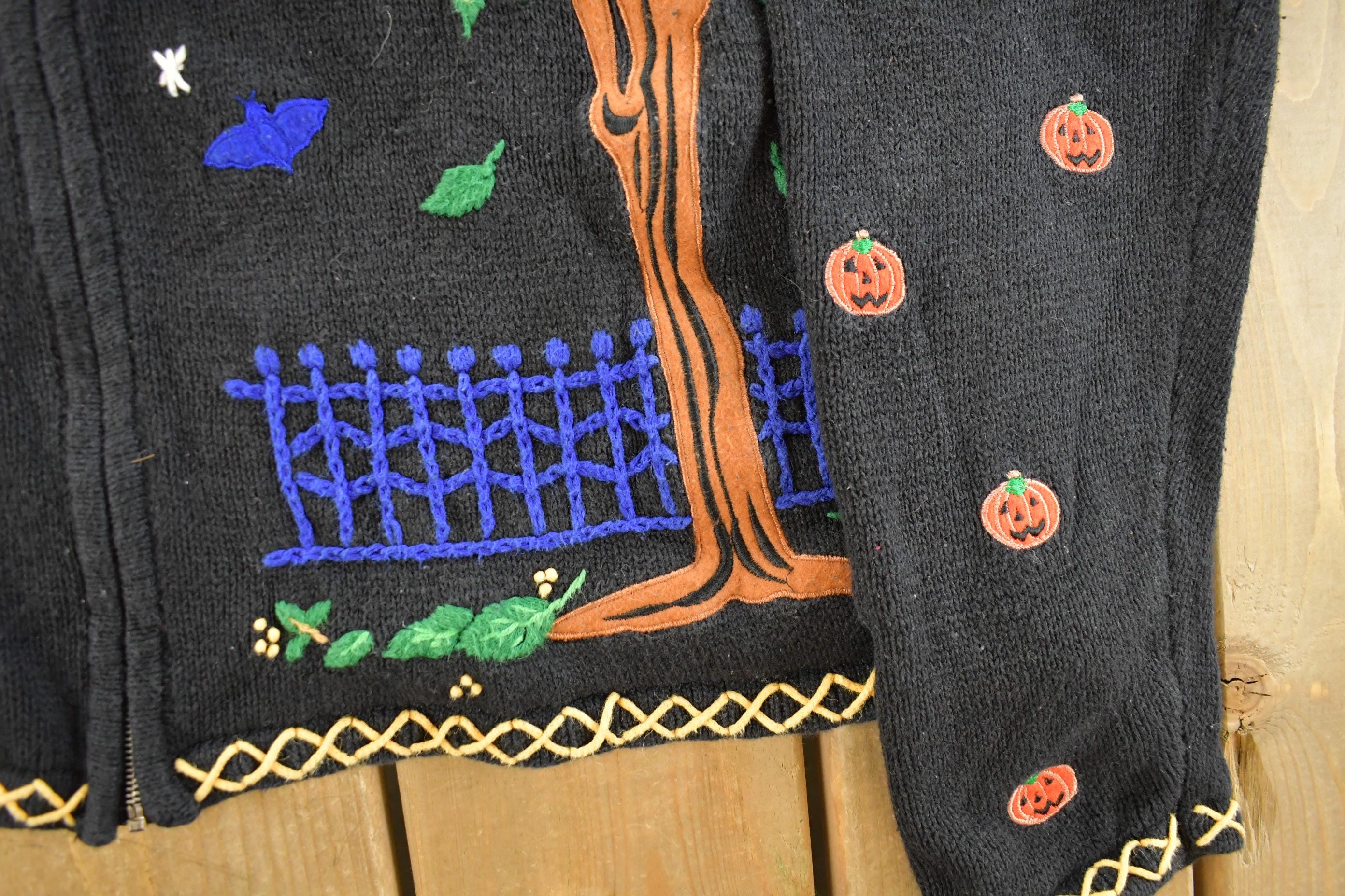 Vintage 1990s Studio Boo Patchwork Embroidered Full Zip Knit Sweater Women's Large