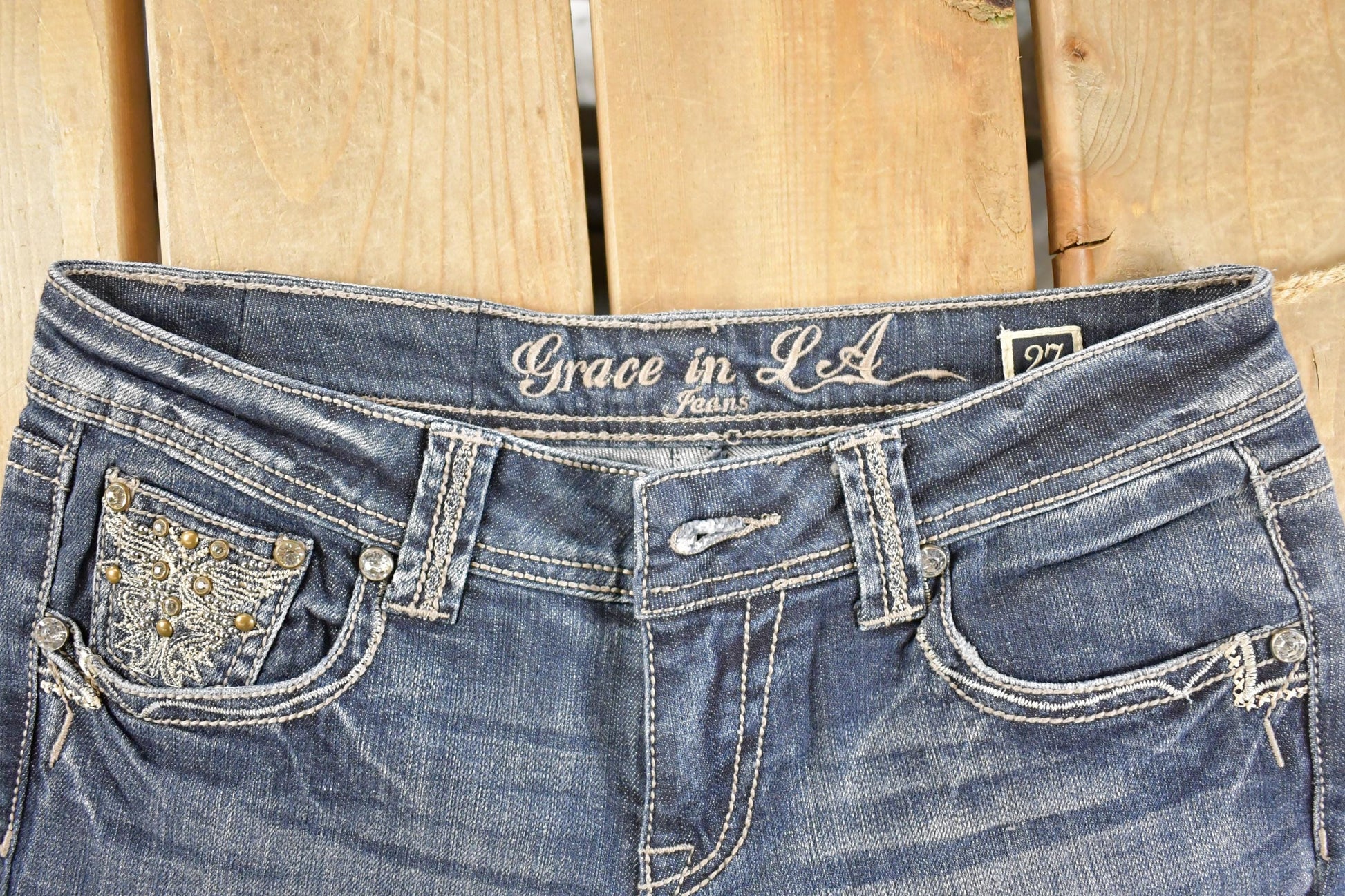 Vintage Deadstock Y2K Grace In LA Bedazzled Bootcut Low Rise Jeans Women's Size 27 x 32