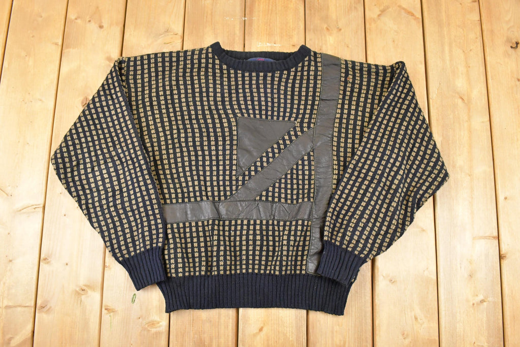 Vintage 1980s Desonos Leatherette Patch Abstract Knit Crewneck Sweater Mens M