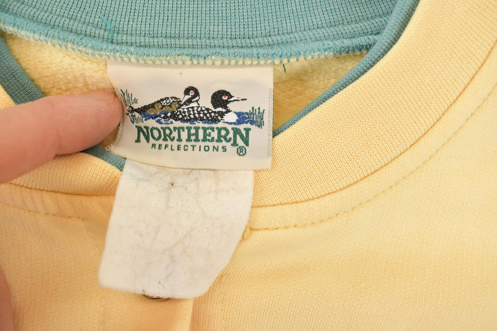 Vintage 1990s Northern Reflections Floral Graphic Print Button Up Double Collar Crewneck Sweatshirt Womens L