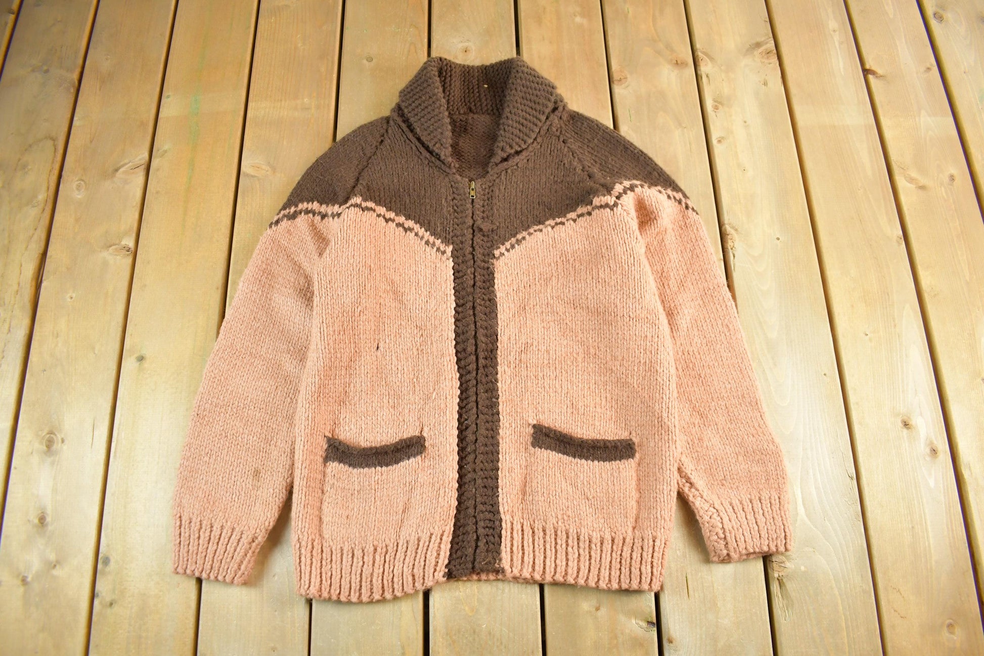 Vintage 1960s Cowichan Hand Knit Shawl Collar Zip Up Sweater Women's Medium