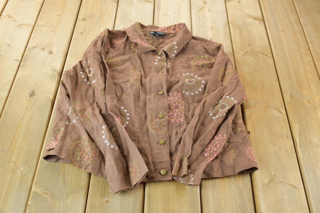 Vintage 1990s Alexandra Bartlett Embroidered Pattern Women's Linen Button Up Shirt