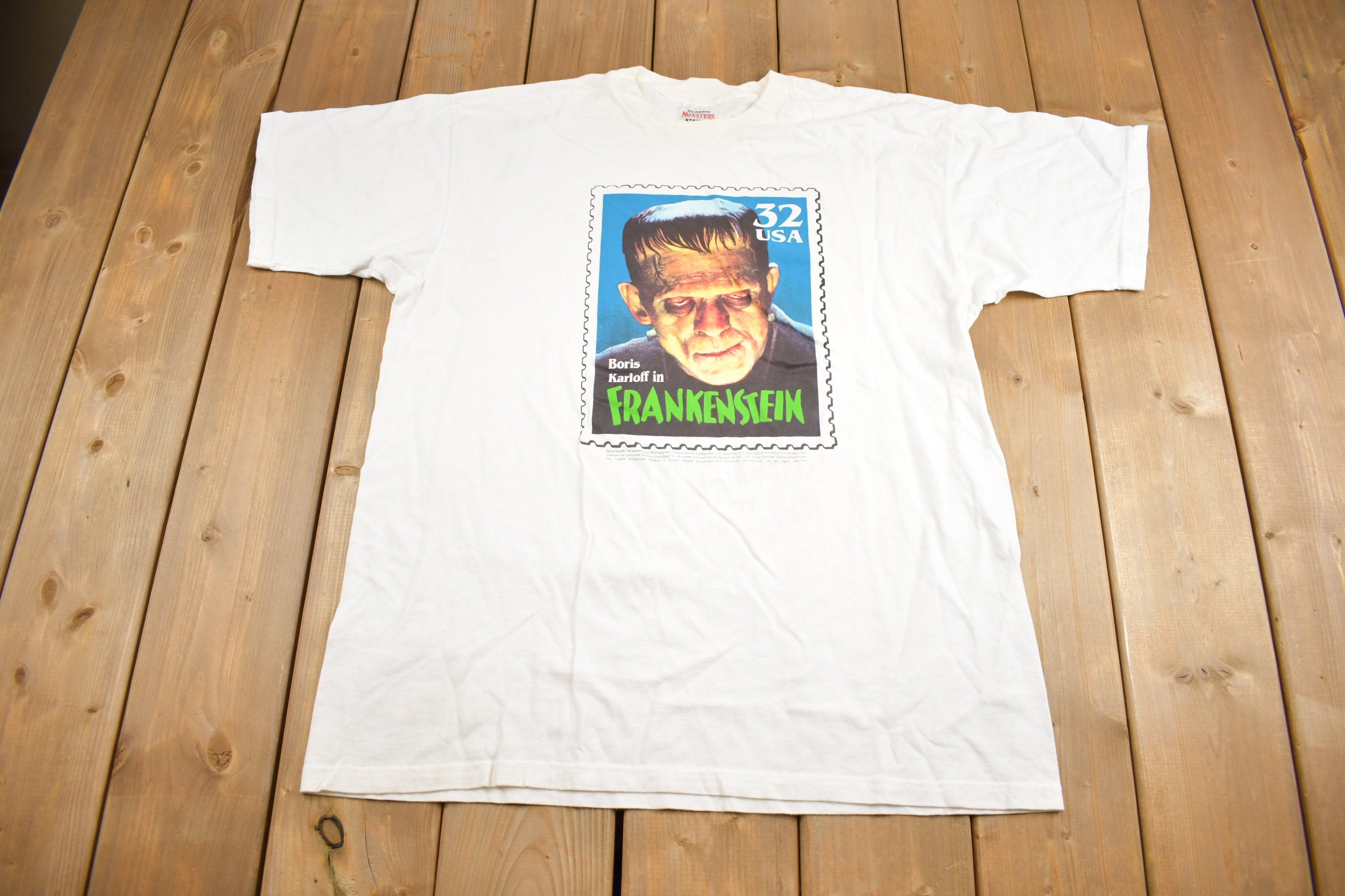 Vintage 1997 Frankenstein USPS Mail Stamp Graphic T-shirt