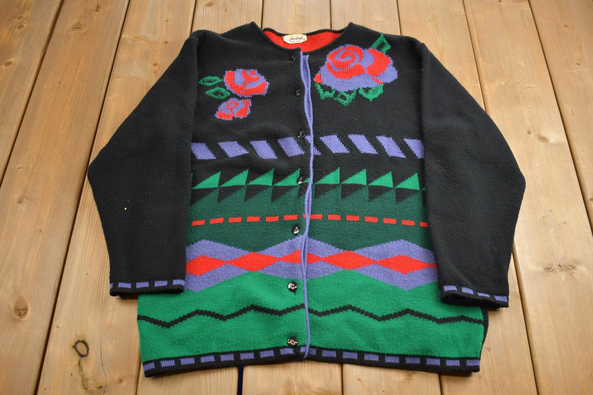 Vintage 1980s Abstract Floral Theme Knit Cardigan Sweater