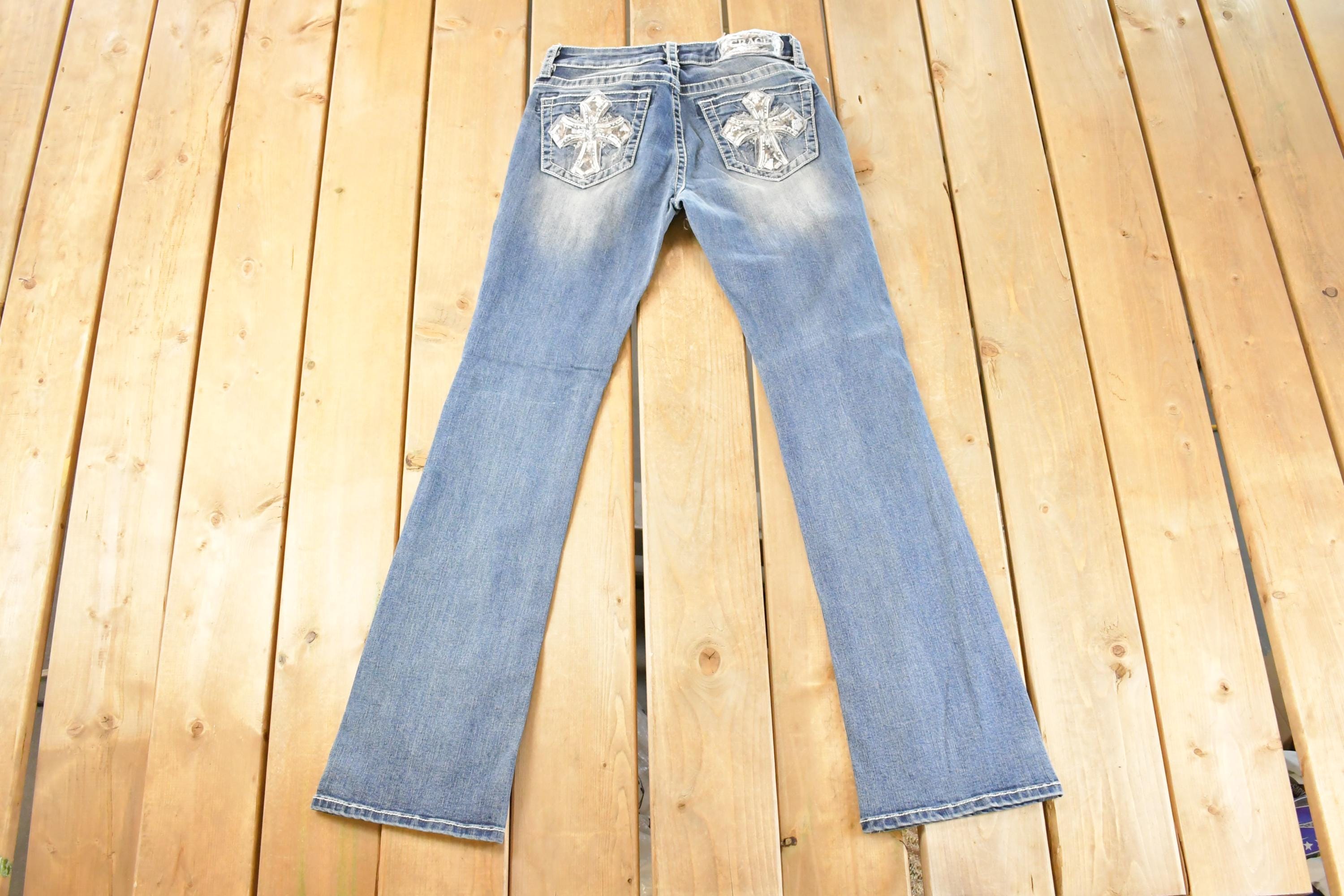 Vintage Deadstock Y2K Grace In LA Bedazzled Cross Bootcut Low Rise Jeans Women's Size 26 x 32