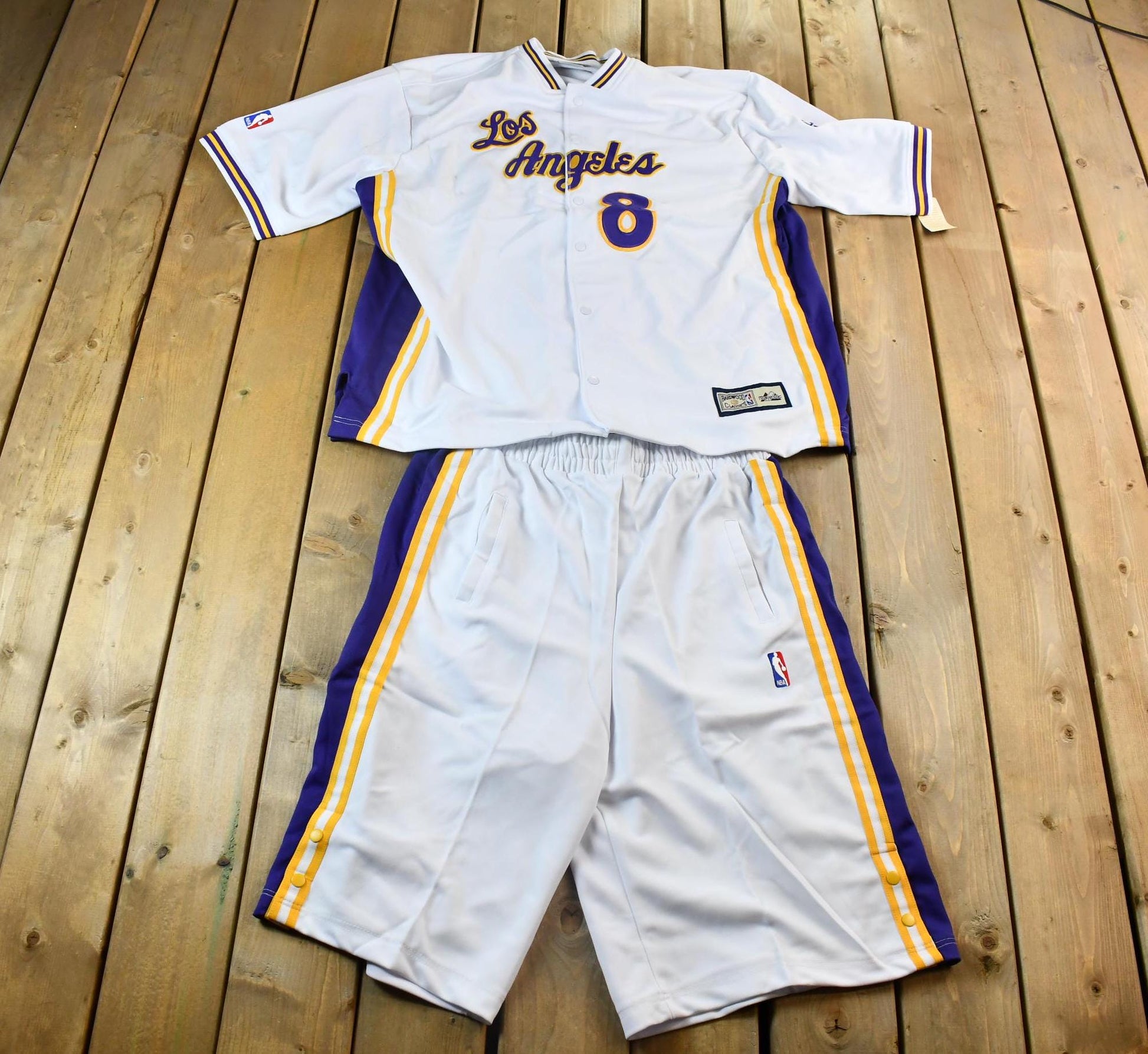 Vintage Deadstock Y2K Hardwood Classics LA Lakers NBA Basketball Embroidered Warmup Jacket & Shorts Set