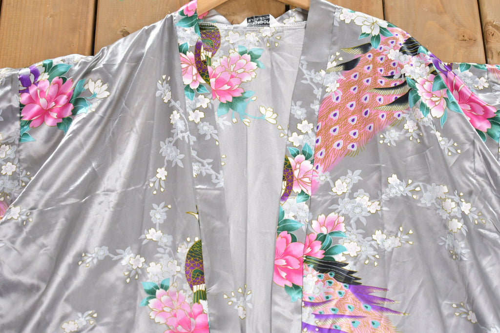 Vintage Japanese Peacock Print Silk Kimono Robe