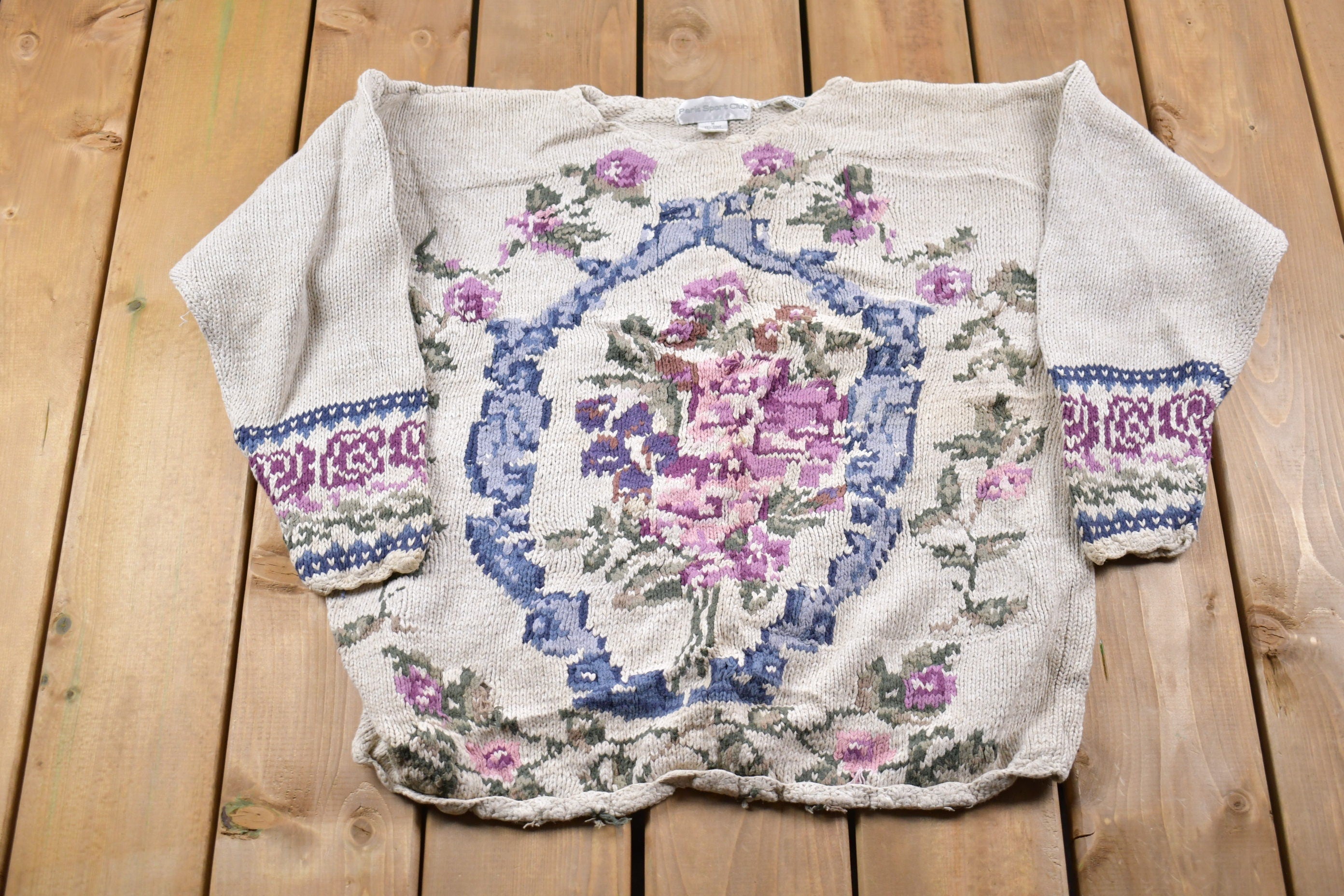 Vintage 1990s Paris Sports Club Floral Knitted Sweater / Vintage 90s Crewneck / Pattern Sweater / Outdoor / Hand Knit / Pullover Sweatshirt