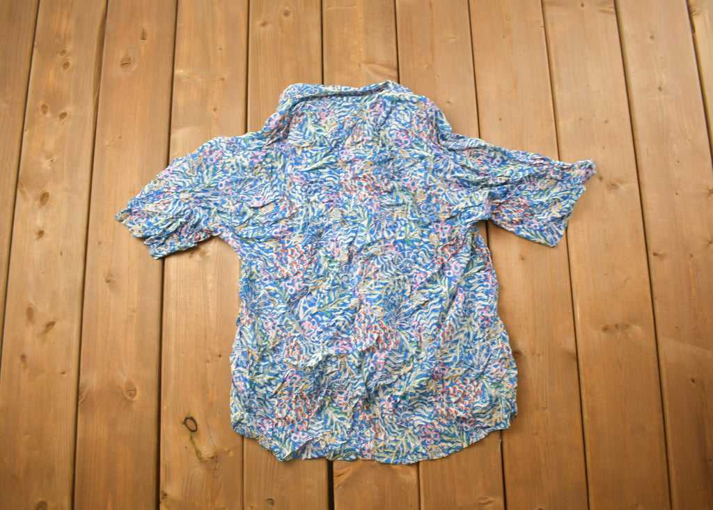 Vintage 1990s French Navy Abstract Fish Pattern Button Up Shirt