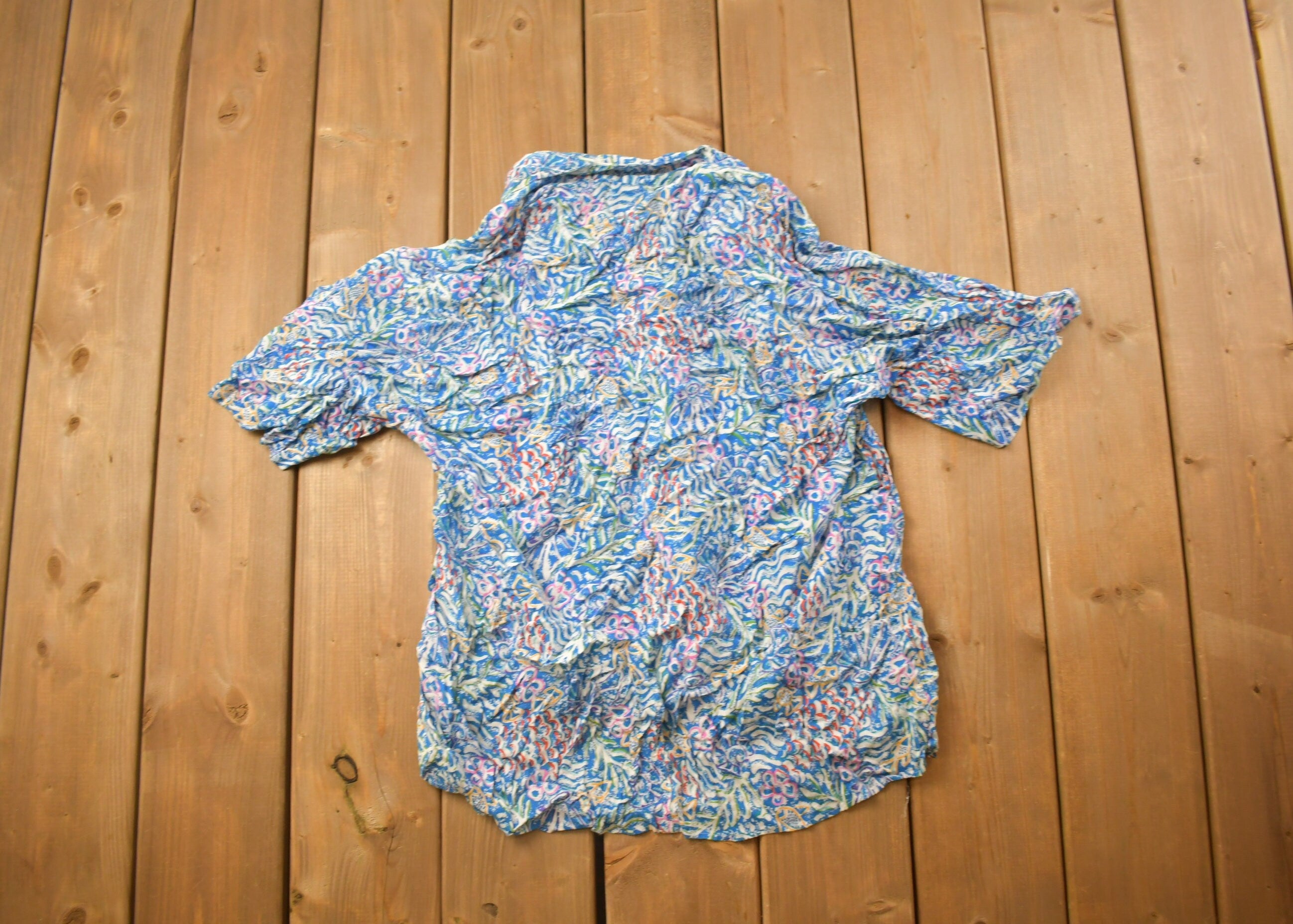 Vintage 1990s French Navy Abstract Fish Pattern Button Up Shirt