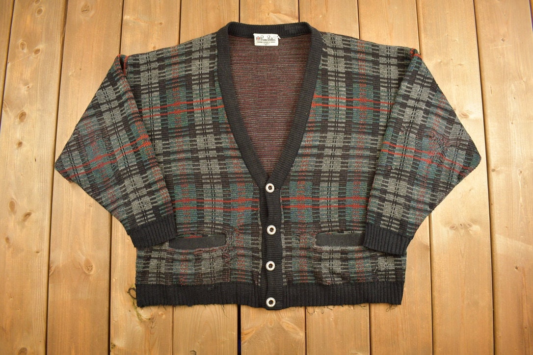 Vintage 1980s Prince Bellini Knitted Plaid Cardigan Sweater