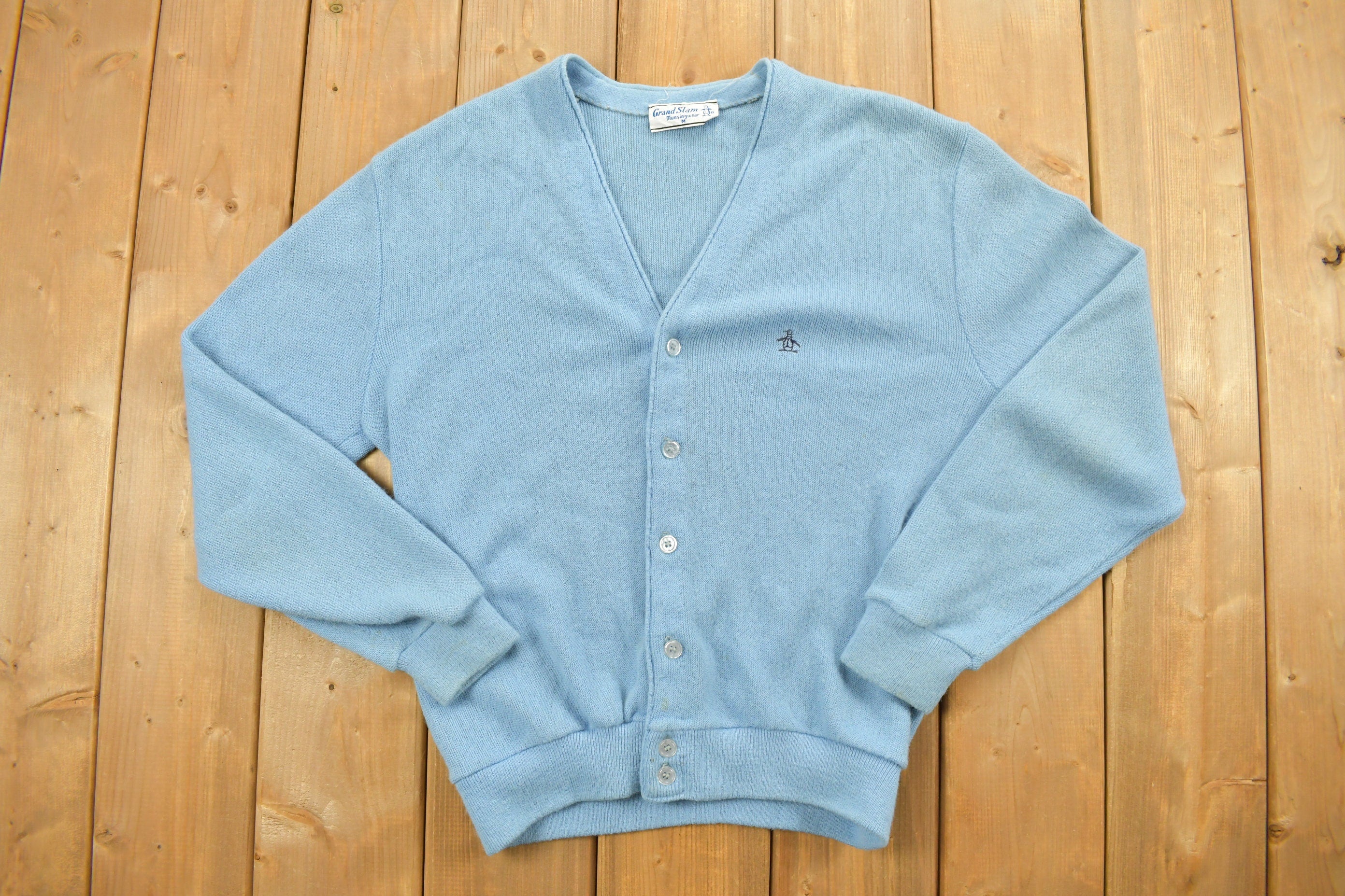 Vintage 1990s Grand Slam Knitted Blue Cardigan Sweater