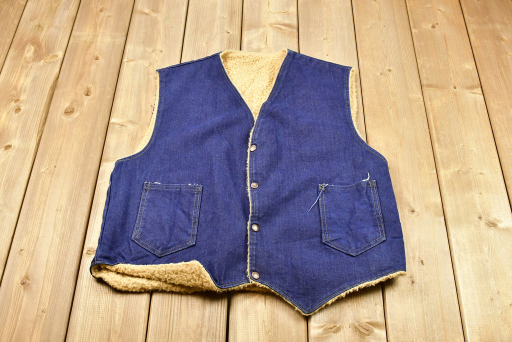 Vintage 1980s Fleece Lined Denim Button Up Vest
