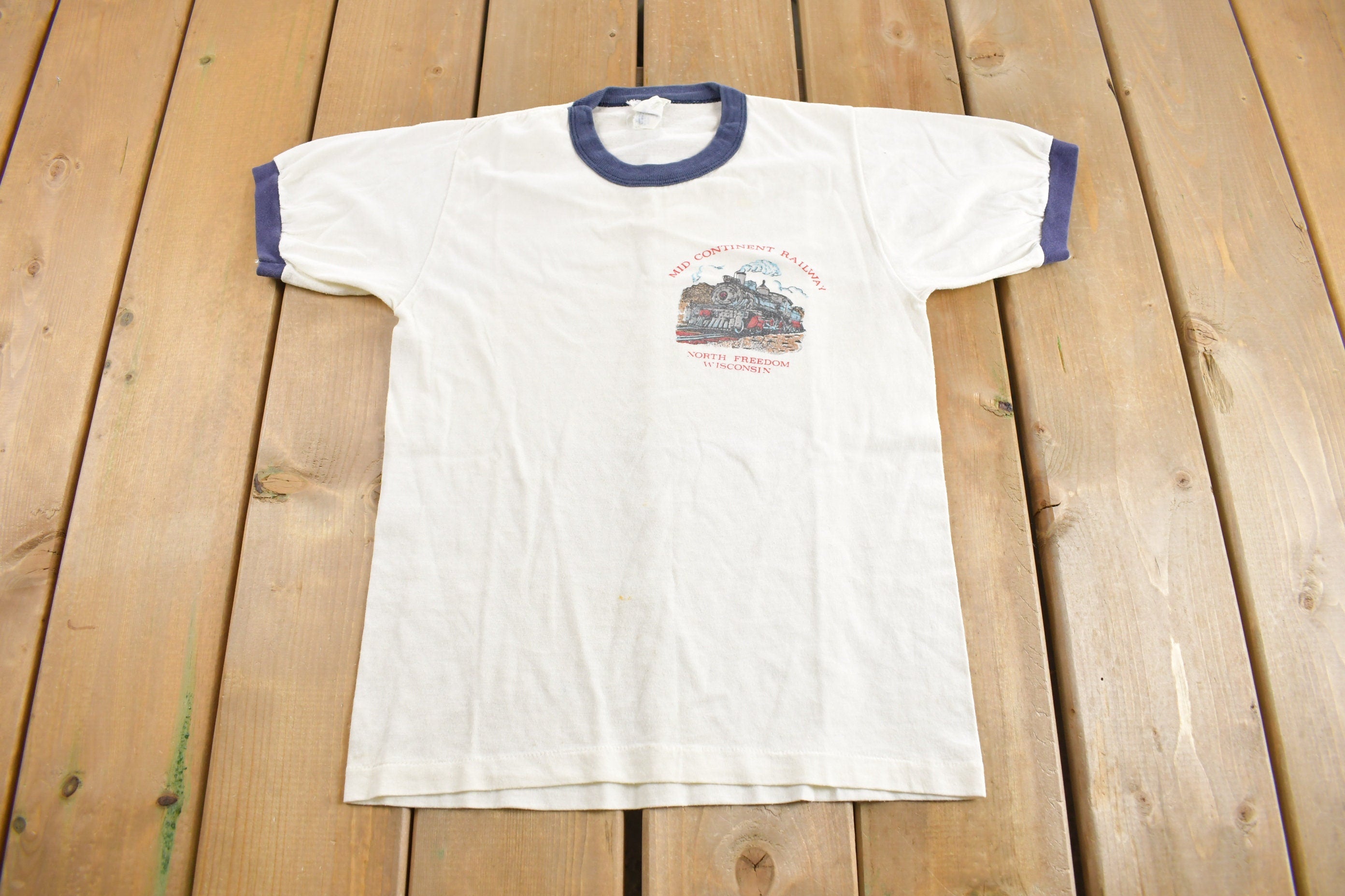 Vintage 1970s Mid Continent Railway North Freedom Wisconsin Ringer T-Shirt  Streetwear  Retro Style  Single Stitch  Made In USA