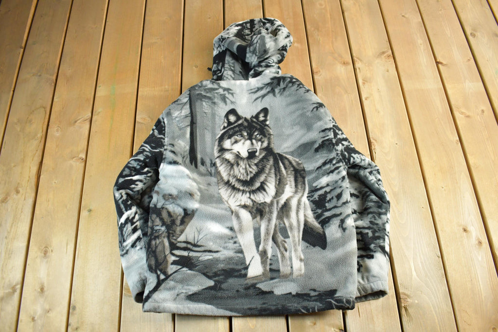 Vintage 1990s Winter Wolf Theme Fleece Sweater Jacket Men's Medium